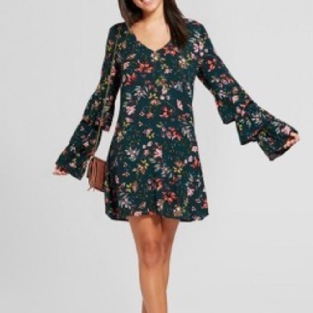 Ruffled Bell Sleeve Green Floral Dress